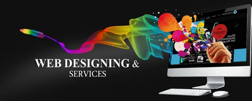 "Creative web designing services with colorful graphics and modern digital design on computer screen"