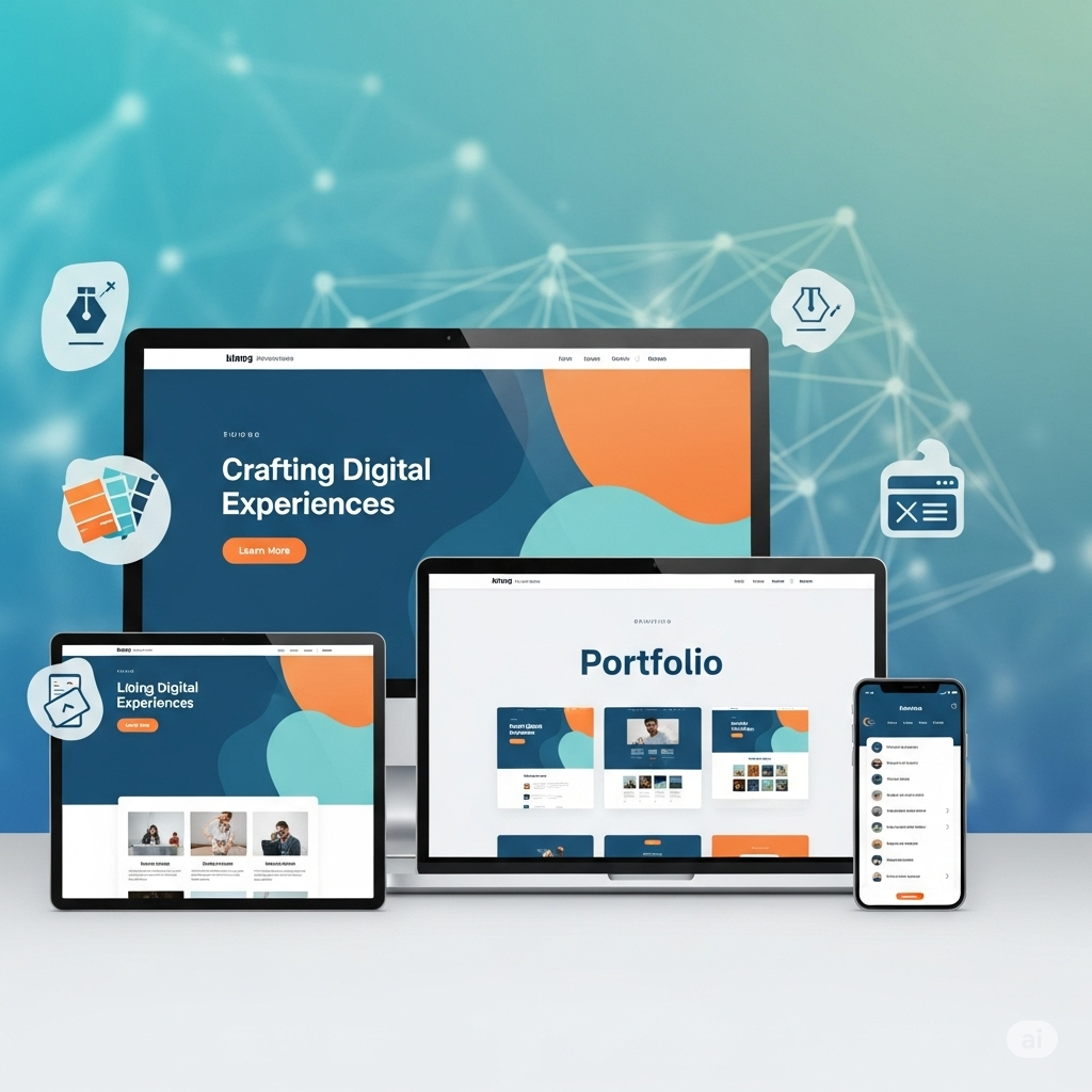 Responsive web design mockup displayed on laptop, tablet, and smartphone screens showcasing modern digital portfolio and user interface layouts.