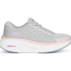 Light grey breathable mesh running shoe with cushioned sole and lace-up design for women