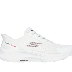 White Skechers slip-in running shoes with breathable mesh upper and ultra-light cushioned sole