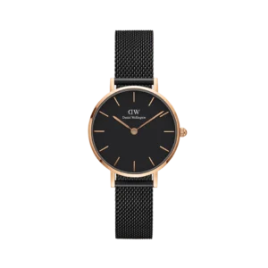 Minimalist black dial wristwatch with rose gold case and black mesh strap by Daniel Wellington
